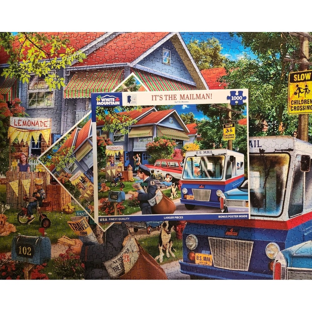 White Mountain It's The Mailman 1000 Piece Jigsaw Puzzle PD Moreno Complete